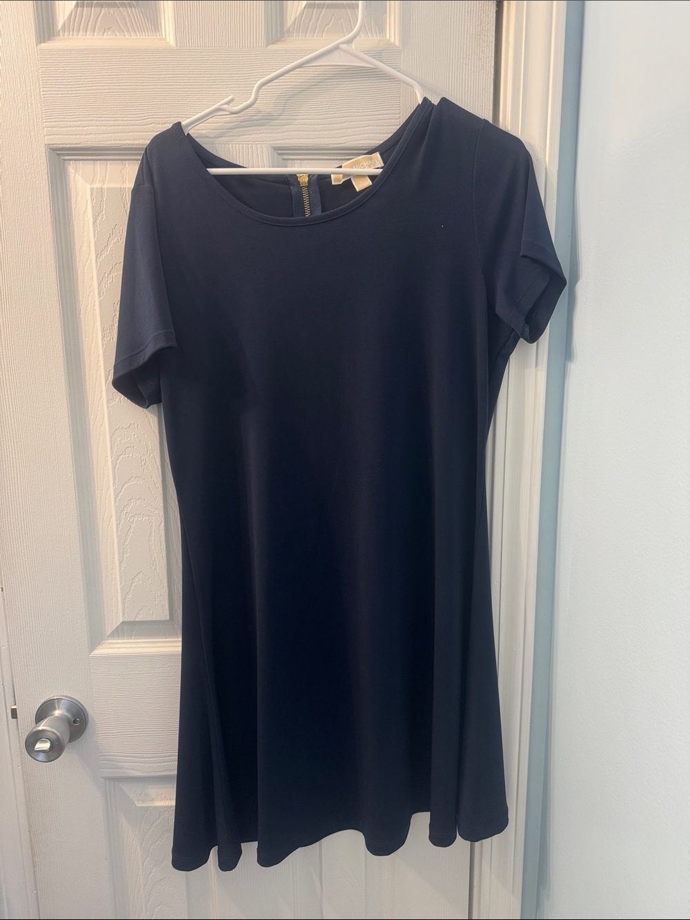 Michael Kors Navy Blue Short Sleeve Shift Dress with Gold Zip